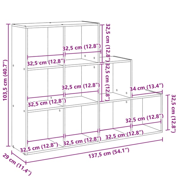 vidaXL Bokhylle 3 etasjer artisan eik 137,5x29x103,5 cm konstruert tre