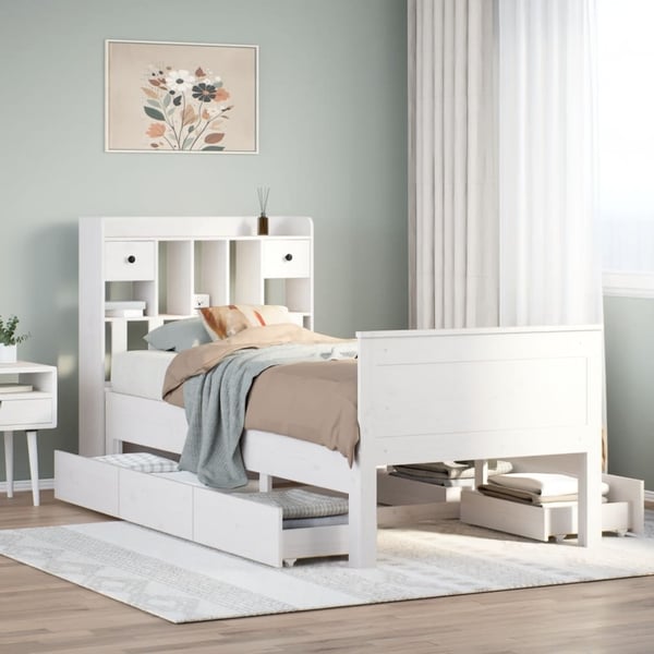 vidaXL Seng med bokhylle uten madrass hvit 90x200 cm heltre furu