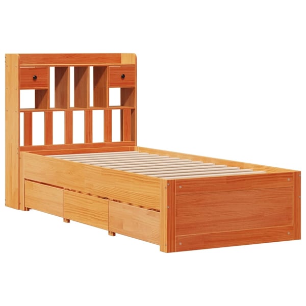 vidaXL Seng med bokhylle uten madrass voksbrun 100x200 cm heltre furu