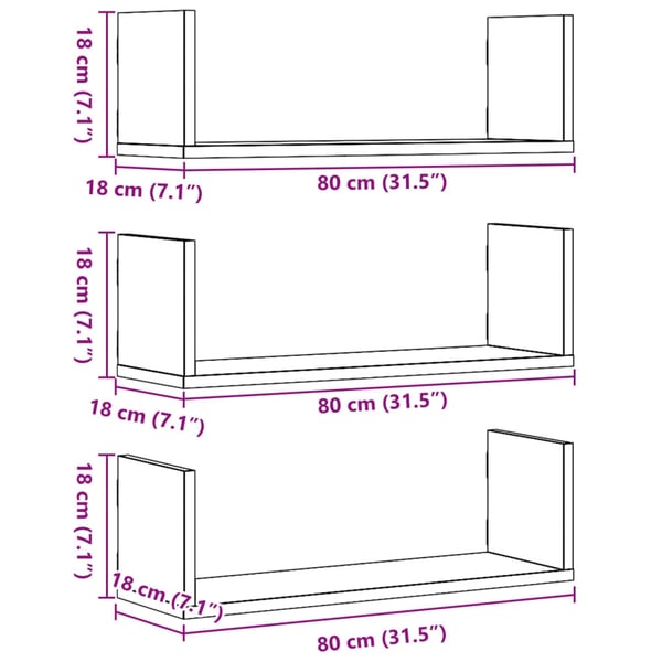 vidaXL Vegghyller 3 stk gammelt tre 80x18x18 cm konstruert tre