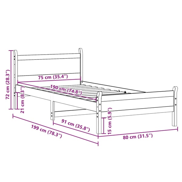 vidaXL Sängynrunko ilman patjaa 75x190 cm täysi mänty