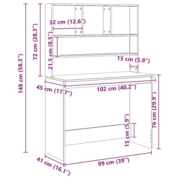 vidaXL Skrivebord med hyller artisan eik 102x45x148 cm konstruert tre