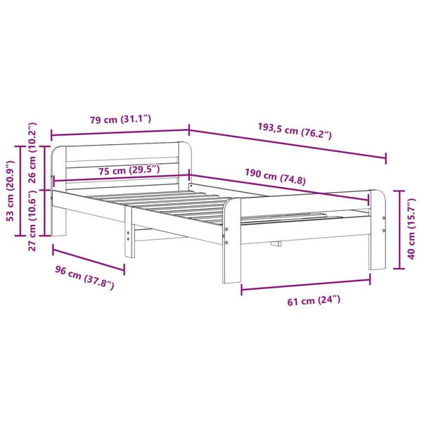 vidaXL Sengeramme uten madrass voksbrun 75x190 cm heltre furu