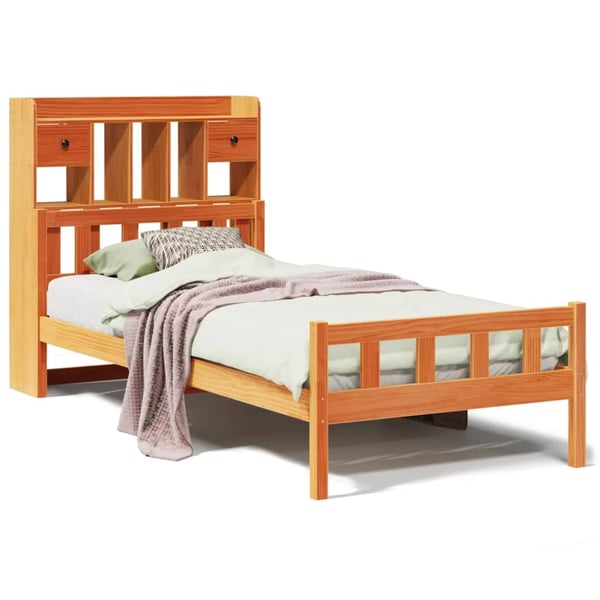 vidaXL Seng med bokhylle uten madrass voksbrun 75x190 cm heltre furu