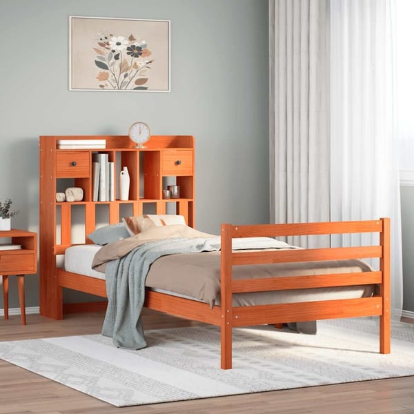 vidaXL Seng med bokhylle uten madrass voksbrun 75x190 cm heltre furu