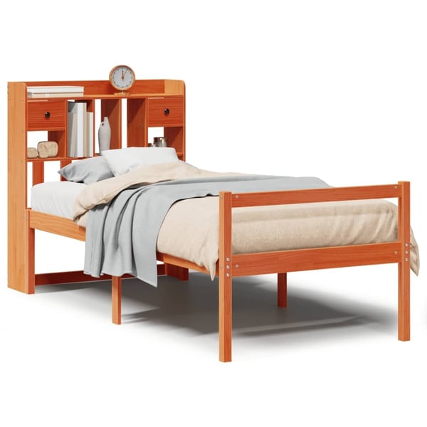 vidaXL Seng med bokhylle uten madrass voksbrun 75x190 cm heltre furu