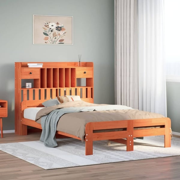 vidaXL Seng med bokhylle uten madrass voksbrun 135x190 cm heltre furu