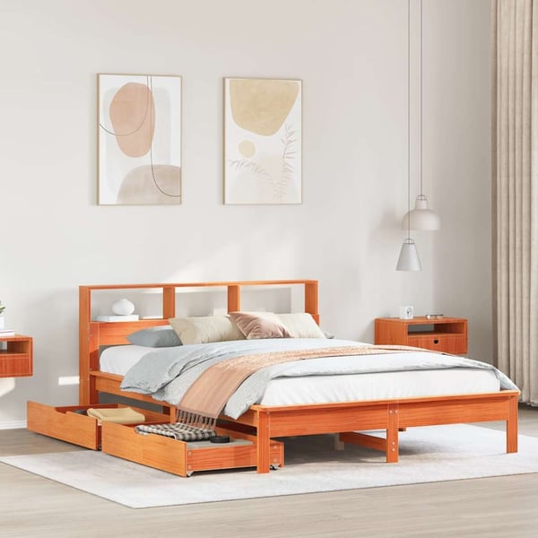 vidaXL Seng med bokhylle uten madrass voksbrun 160x200 cm heltre furu