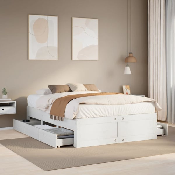 vidaXL Sengeramme uten madrass med skuffer hvit 140x190 cm heltre furu