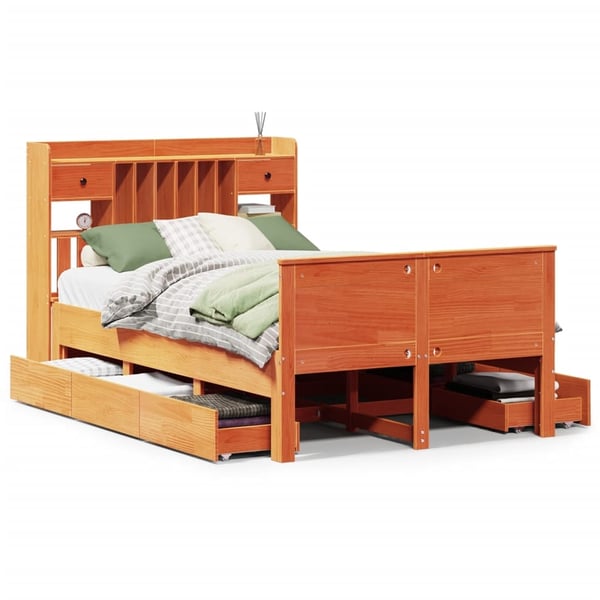 vidaXL Seng med bokhylle uten madrass voksbrun 135x190 cm heltre furu