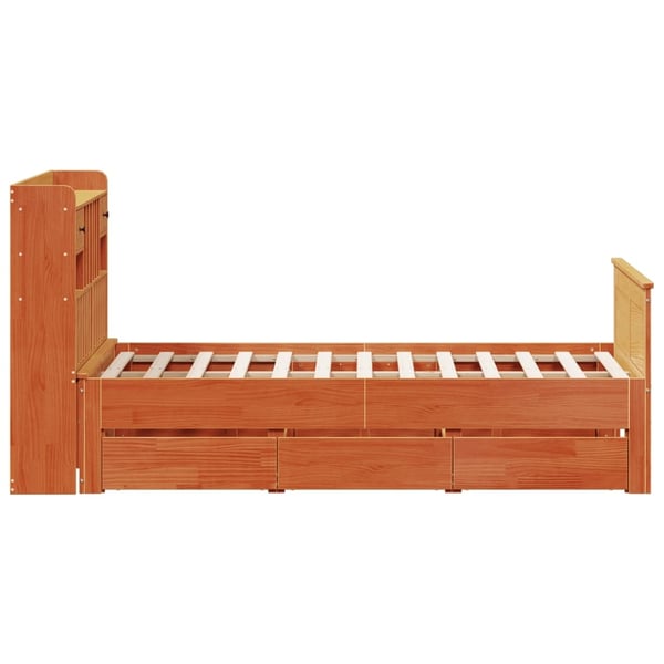 vidaXL Seng med bokhylle uten madrass voksbrun 135x190 cm heltre furu