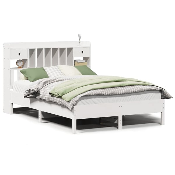 vidaXL Seng med bokhylle uten madrass hvit 135x190 cm heltre furu