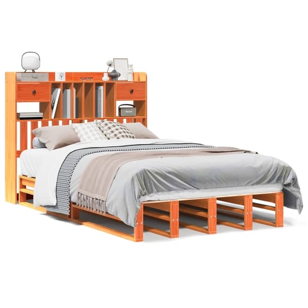 vidaXL Seng med bokhylle uten madrass voksbrun 135x190 cm heltre furu