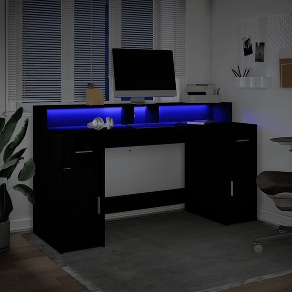 vidaXL skrivebord med LED-lys 160x55x91 cm konstrueret træ sort