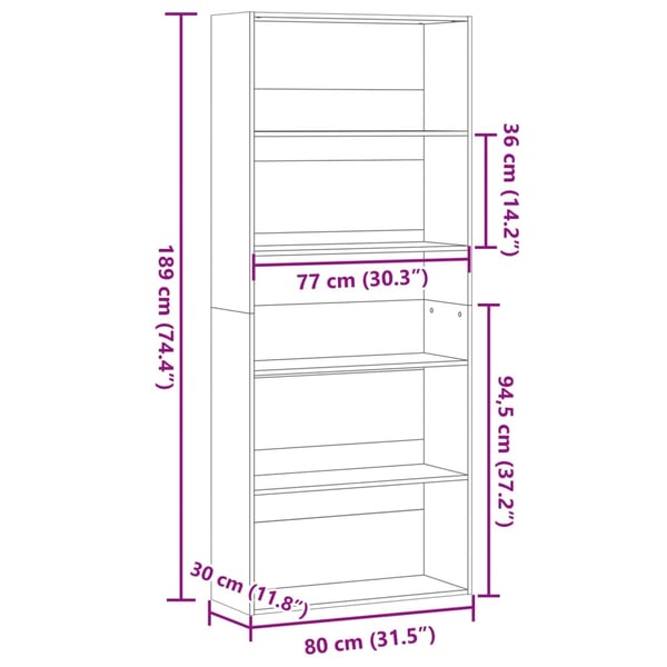 vidaXL Bokhylle artisan eik 80x30x189 cm konstruert tre
