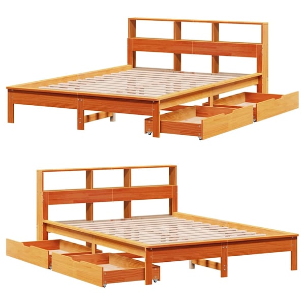 vidaXL Seng med bokhylle uten madrass voksbrun 140x200 cm heltre furu