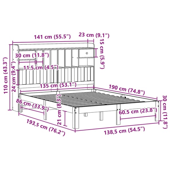 vidaXL Seng med bokhylle uten madrass hvit 135x190 cm heltre furu