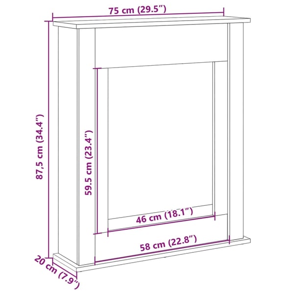 vidaXL Peisramme grå sonoma 75x20x87,5 cm konstruert tre