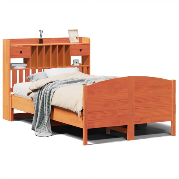 vidaXL Seng med bokhylle uten madrass voksbrun 135x190 cm heltre furu