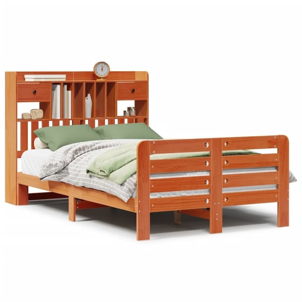 vidaXL Seng med bokhylle uten madrass voksbrun 135x190 cm heltre furu