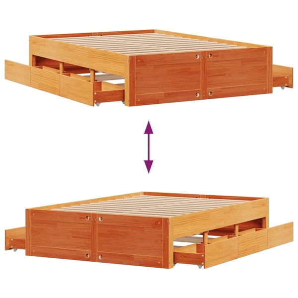 vidaXL Sengeramme uten madrass med skuffer brun 140x190 cm heltre furu