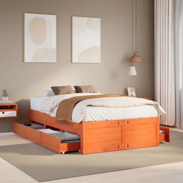 vidaXL Sengeramme uten madrass med skuffer brun 135x190 cm heltre furu