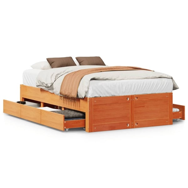vidaXL Sengeramme uten madrass med skuffer brun 135x190 cm heltre furu