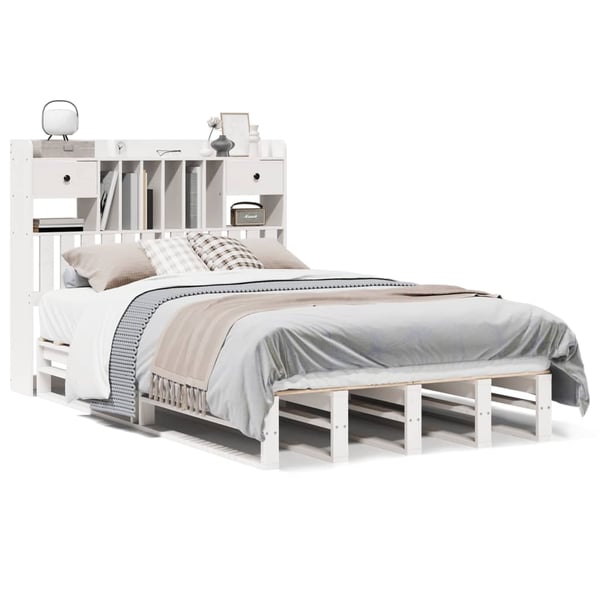 vidaXL Seng med bokhylle uten madrass hvit 135x190 cm heltre furu