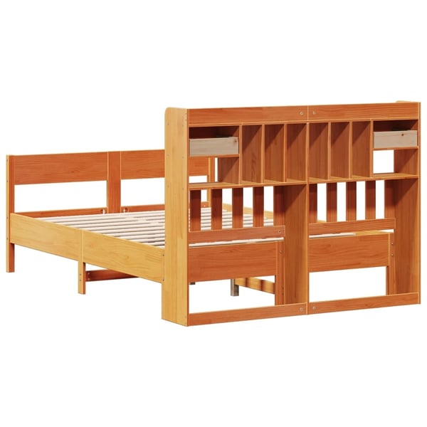 vidaXL Seng med bokhylle uten madrass voksbrun 135x190 cm heltre furu