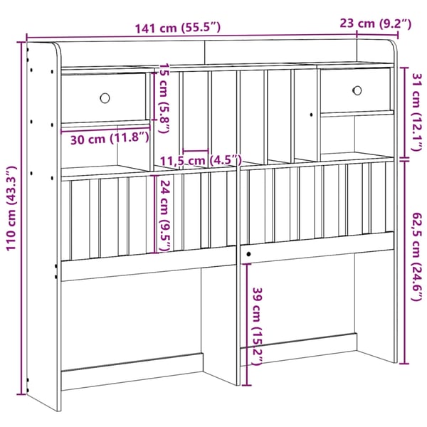 vidaXL Hodegavl med oppbevaring voksbrun 135 cm heltre furu