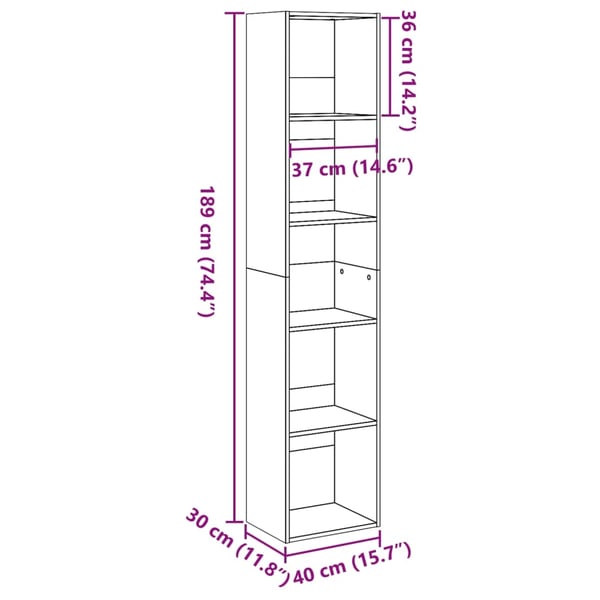 vidaXL Bokhylle sonoma eik 40x30x189 cm konstruert tre