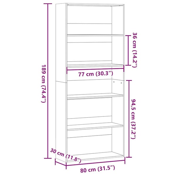 vidaXL Bokhylle røkt eik 80x30x189 cm konstruert tre