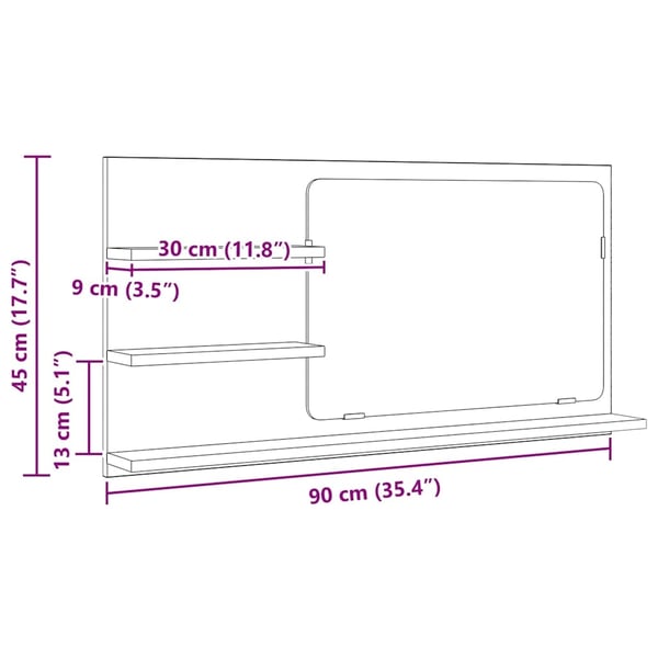 vidaXL Baderomshylle med speil artisan eik 90x11x45 cm konstruert tre