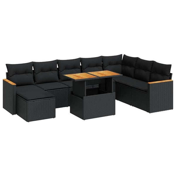 vidaXL sofasæt til haven 9 dele med hynder polyrattan akacietræ sort