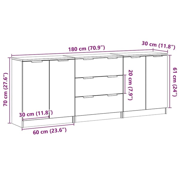 vidaXL Skjenker 3 stk brun eik 60x30x70 cm konstruert tre