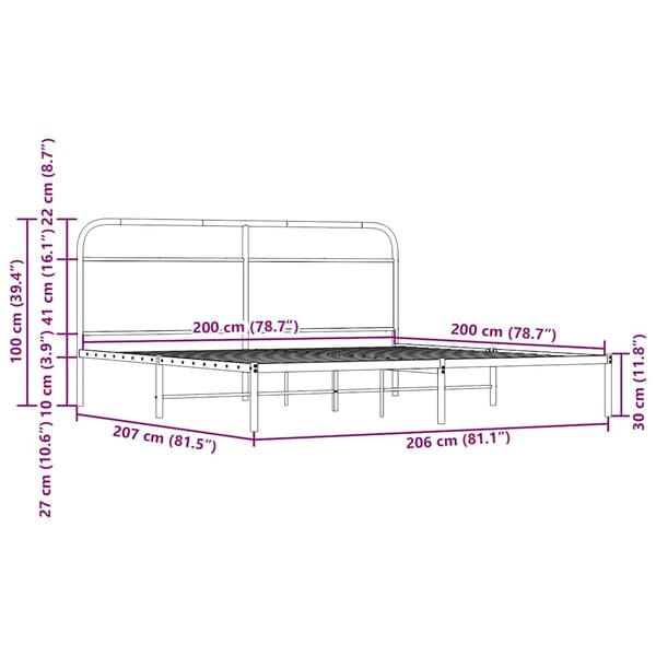 vidaXL Sengeramme i metall uten madrass røkt eik 200x200 cm