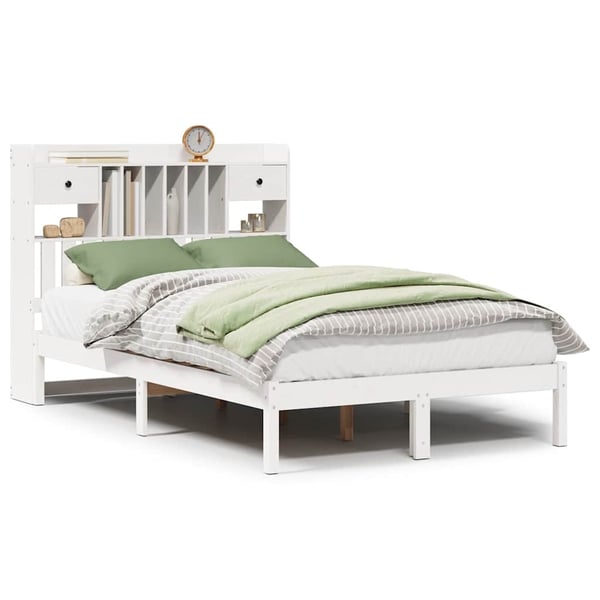 vidaXL Seng med bokhylle uten madrass hvit 135x190 cm heltre furu