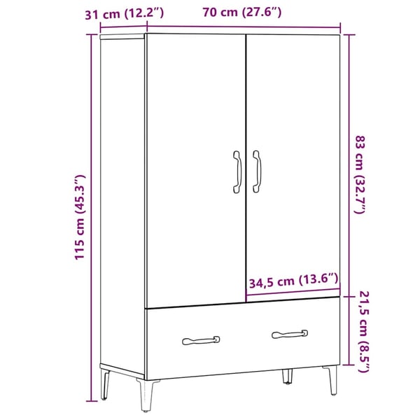 vidaXL Highboard artisan eik 70x31x115 cm konstruert tre