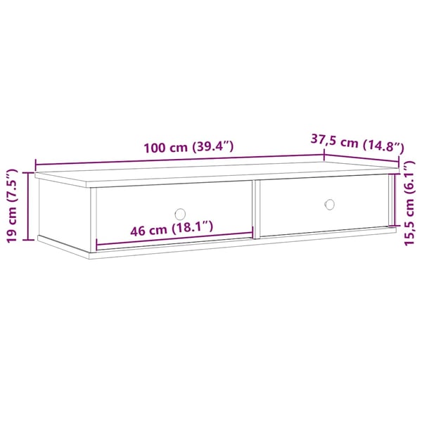 vidaXL Vegghylle med skuffer hvit 100x37,5x19 cm konstruert tre