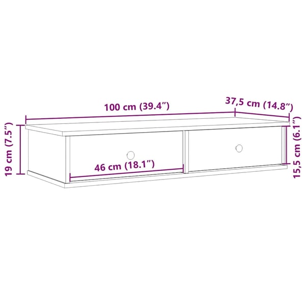 vidaXL Vegghylle med skuffer røkt eik 100x37,5x19 cm konstruert tre