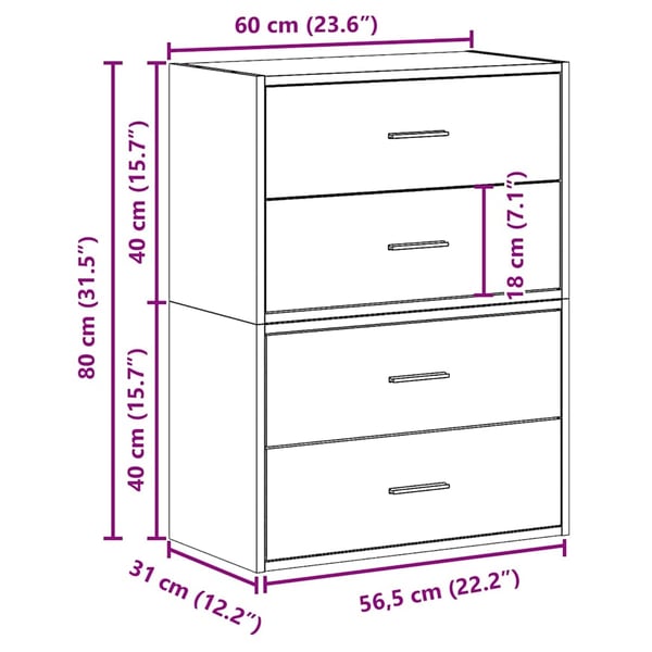 vidaXL Skap med 2 skuffer 2 stk grå eik 60x31x40 cm konstruert tre