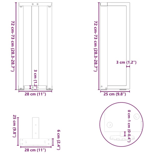 vidaXL Konsollbordben T-formet 2 stk antrasitt 25x28x(72-73) cm stål