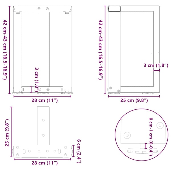 vidaXL sofabordsben T-formet 2 stk. antracit 28x25x(42-43) cm stål