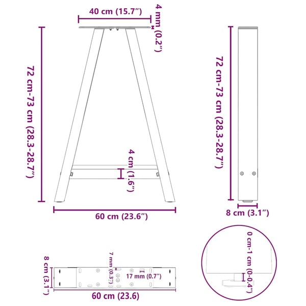 vidaXL Spisebordben A-formet 2 stk svart 60 x (72-73) cm stål