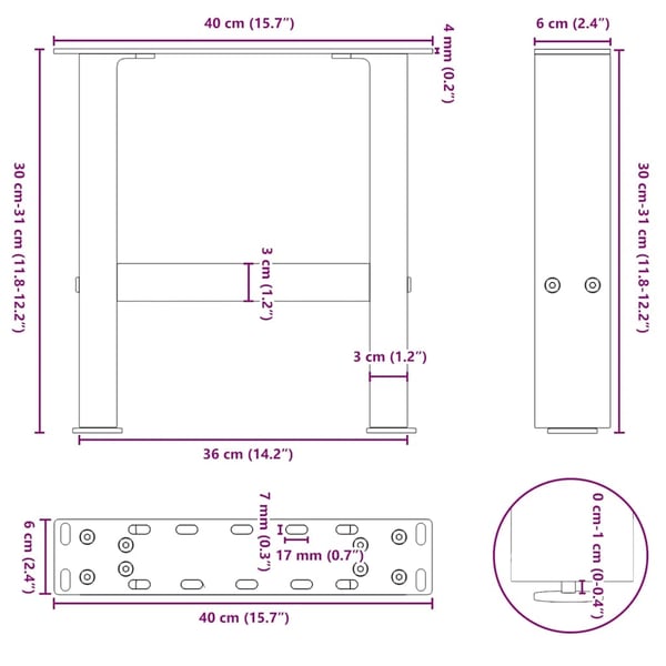 vidaXL sofabordsben sort 2 stk. 40x(30-31) cm stål