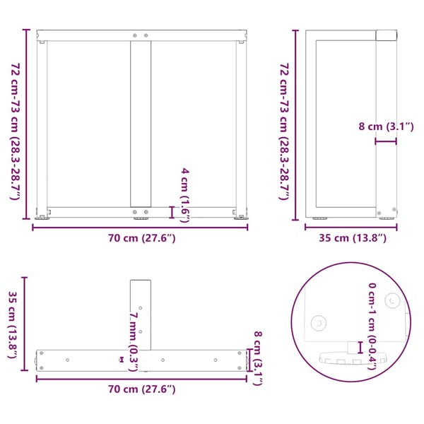 vidaXL spisebordsben T-formet 2 stk. sort 70x35x(72-73) cm stål