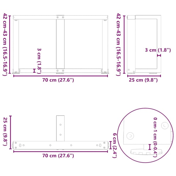 vidaXL sofabordsben T-formet 2 stk. sort 70x25x(42-43) cm stål