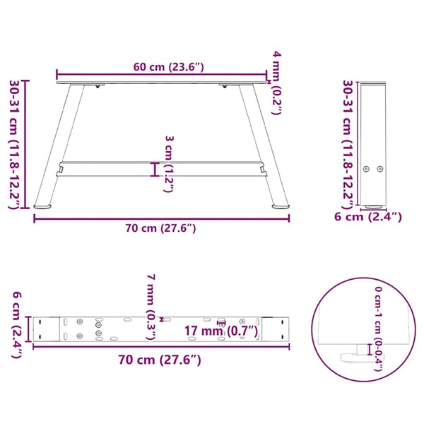 vidaXL sofabordsben A-formet 2 stk. sort 70 x (30-31) cm stål