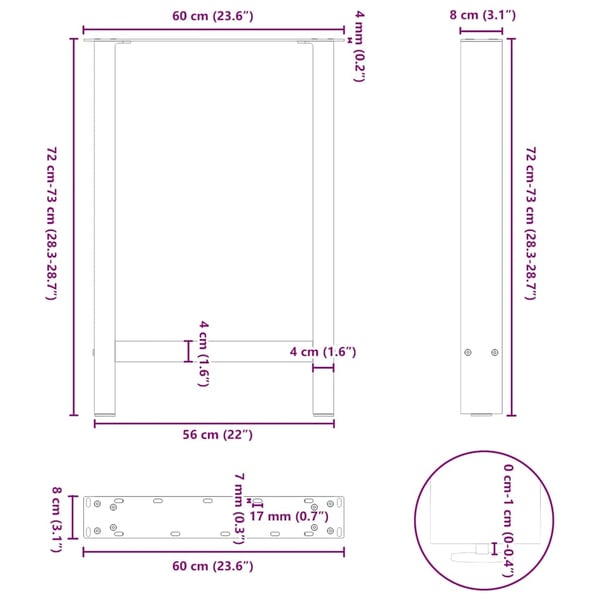 vidaXL spisebordsben sort 2 stk. 60 x (72-73) cm stål