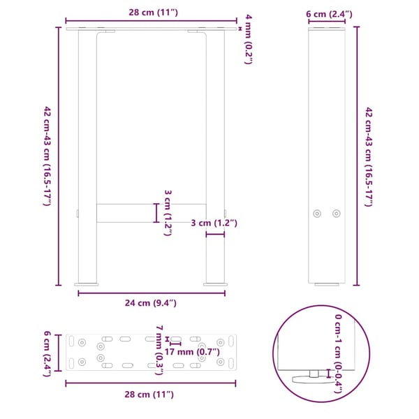 vidaXL sofabordsben sort 2 stk. 28 x (42-43) cm stål